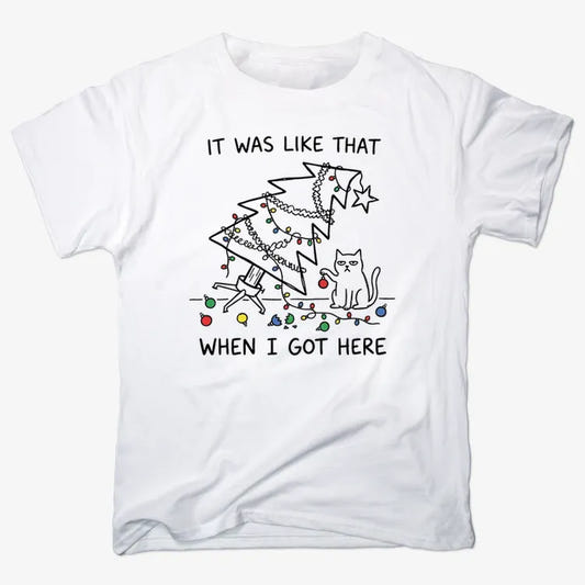 It Was Like That When I Got Here Funny Christmas Cat Tee-Unisex Heavyweight T-Shirt-White