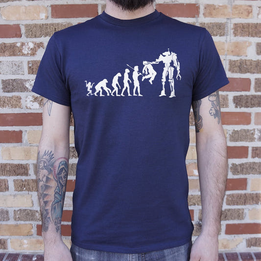 Evolution to Termination Ape to Man to Killer Robot graphic Unisex Heavyweight T-Shirt in Navy Blue