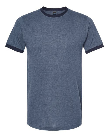 Tultex Unisex Fine Jersey Ringer T-Shirt - Heather Denim/ Navy Front