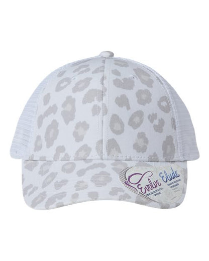 Infinity Her Women's Modern Trucker Cap - Snow Leopard/ White Front