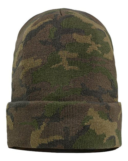 Sportsman 12" Solid Cuffed Beanie - Green Camo Front