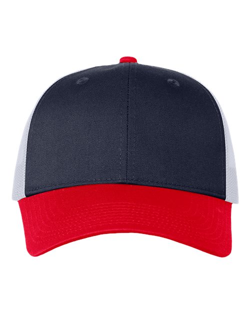 Valucap Mesh-Back Twill Trucker Cap - Navy/ White/ Red Front