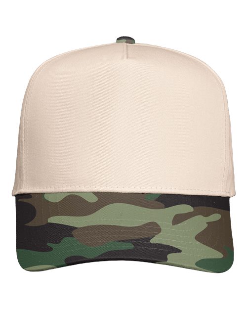 Valucap Five-Panel Twill Cap - Natural/ Camo Green Front