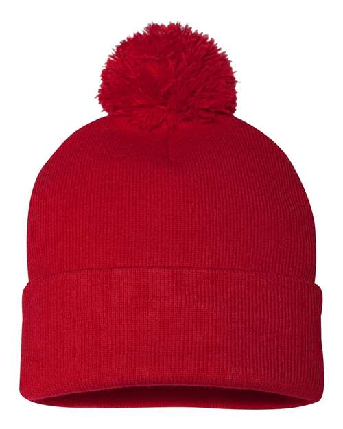 Sportsman 12" Pom-Pom Cuffed Beanie - Red Front