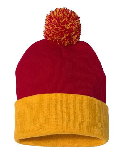 Sportsman 12" Pom-Pom Cuffed Beanie - Red/ Gold Front