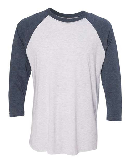 Next Level Unisex Triblend Three-Quarter Raglan Tee - Indigo Sleeves/ Heather White Body Front
