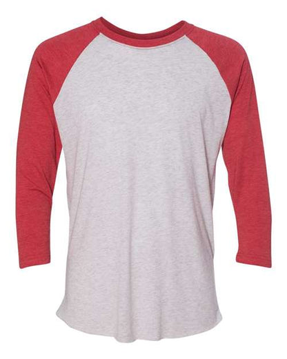 Next Level Unisex Triblend Three-Quarter Raglan Tee - Vintage Red Sleeves/ Heather White Body Front