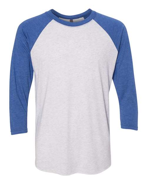 Next Level Unisex Triblend Three-Quarter Raglan Tee - Vintage Royal Sleeves/ Heather White Body Front