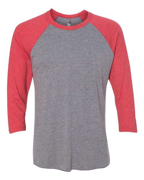 Next Level Unisex Triblend Three-Quarter Raglan Tee - Vintage Red Sleeves/ Premium Heather Body Front
