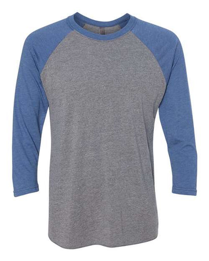 Next Level Unisex Triblend Three-Quarter Raglan Tee - Vintage Royal Sleeves/ Premium Heather Body Front