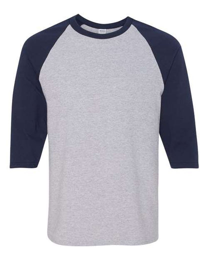 Unisex Heavy Cotton™ Raglan Three-Quarter Sleeve T-Shirt - Sport Grey/ Navy Front