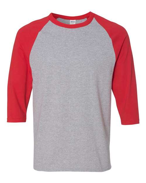 Gildan Unisex Heavy Cotton™ Raglan Three-Quarter Sleeve T-Shirt - Sport Grey/ Red Front