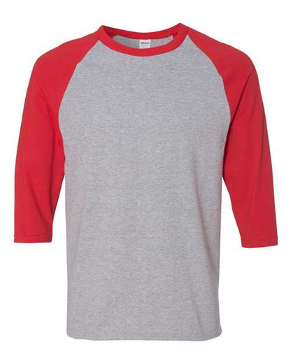Gildan Unisex Heavy Cotton™ Raglan Three-Quarter Sleeve T-Shirt - Sport Grey/ Red Front