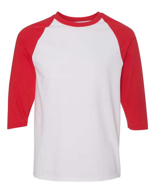 Unisex Heavy Cotton™ Raglan Three-Quarter Sleeve T-Shirt - White/ Red Front