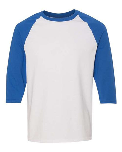 Gildan Unisex Heavy Cotton™ Raglan Three-Quarter Sleeve T-Shirt - White/ Royal Front