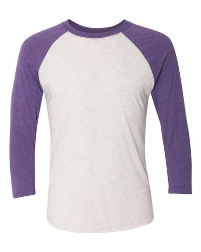 Next Level Unisex Triblend Three-Quarter Raglan Tee - Purple Rush Sleeves/ Heather White Body Front