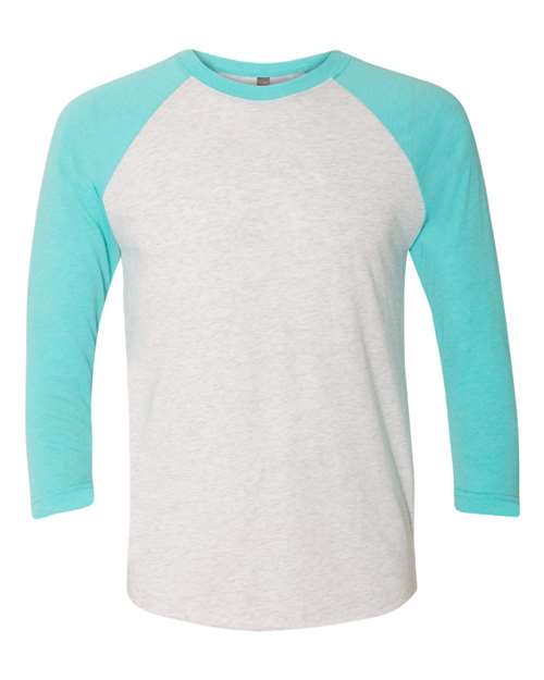 Next Level Unisex Triblend Three-Quarter Raglan Tee - Tahiti Blue Sleeves/ Heather White Body Front