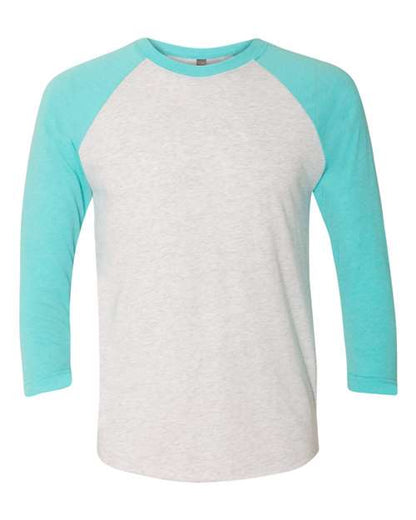 Next Level Unisex Triblend Three-Quarter Raglan Tee - Tahiti Blue Sleeves/ Heather White Body Front