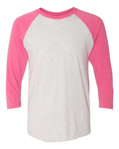 Next Level Unisex Triblend Three-Quarter Raglan Tee - Vintage Pink Sleeves/ Heather White Body Front