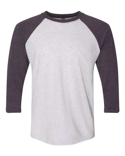 Next Level Unisex Triblend Three-Quarter Raglan Tee - Vintage Purple Sleeves/ Heather White Body Front