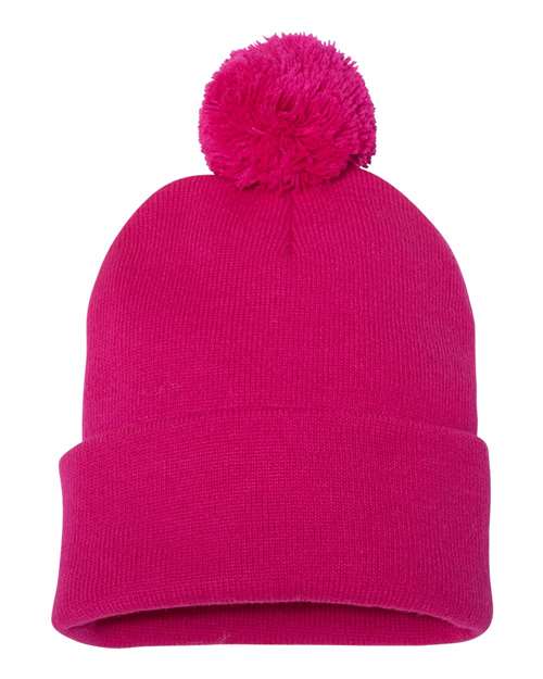 Sportsman 12" Pom-Pom Cuffed Beanie - Neon Fuchsia Front