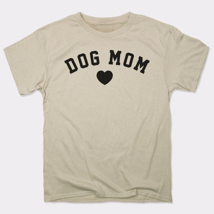 Dog Mom with Heart Varsity Text graphic Unisex Heavyweight T-Shirt in Sand