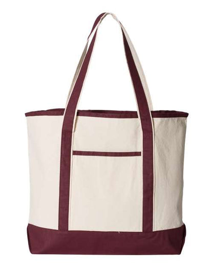 Q-Tees 34.6L Large Canvas Deluxe Tote - Natural/ Maroon Front