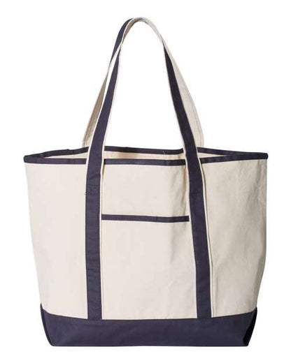 Q-Tees 34.6L Large Canvas Deluxe Tote - Natural/ Navy Front
