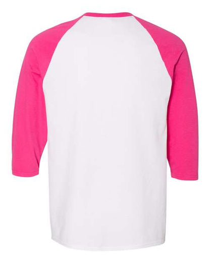 Unisex Heavy Cotton™ Raglan Three-Quarter Sleeve T-Shirt - White/ Heliconia Back