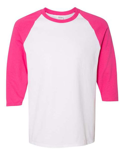 Gildan Unisex Heavy Cotton™ Raglan Three-Quarter Sleeve T-Shirt - White/ Heliconia Front
