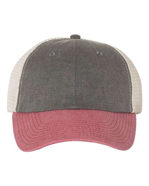 Valucap Pigment-Dyed Trucker Cap - Black/ Cardinal/ Stone Front