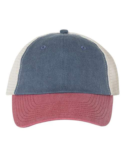 Valucap Pigment-Dyed Trucker Cap - Navy/ Cardinal/ Stone Front