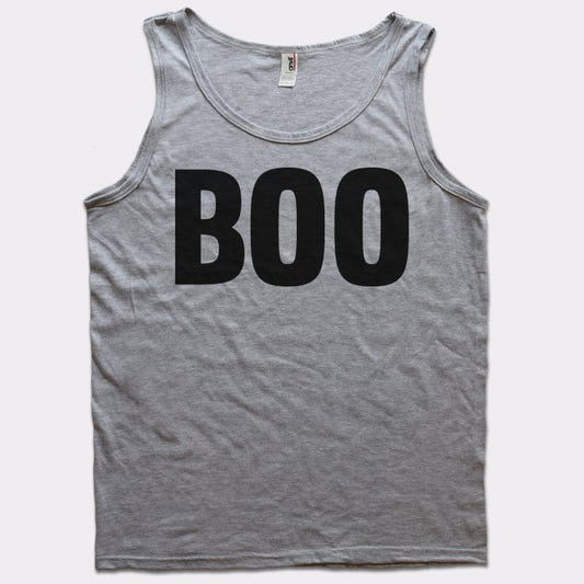Boo Halloween Word Graphic Men's Tank Top in Gray Heather