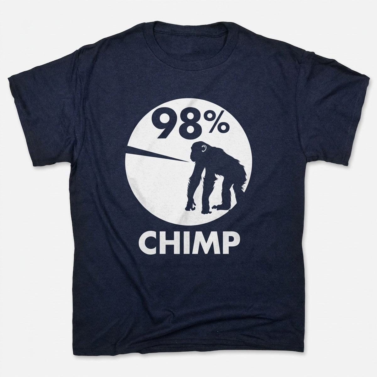 98 Percent Chimp DNA Pie Chart with Chimpanzee Silhouette in Navy Blue