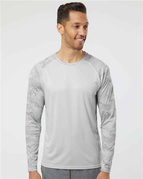 Paragon Unisex Cayman Performance Camo Colorblocked Long Sleeve T-Shirt - Model Front