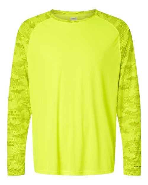 Paragon Unisex Cayman Performance Camo Colorblocked Long Sleeve T-Shirt - Safety Green Front