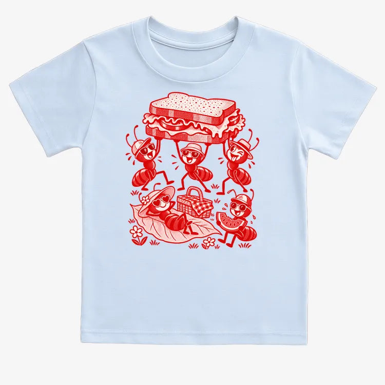 Ants Picnic with Sandwich and Basket-Kids T-Shirt-Blue