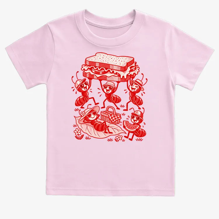 Ants Picnic with Sandwich and Basket-Kids T-Shirt-Pink
