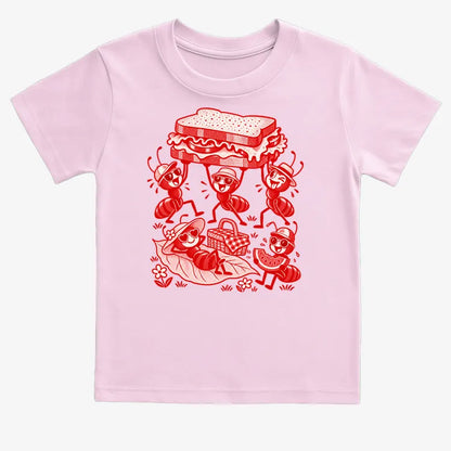 Ants Picnic with Sandwich and Basket-Kids T-Shirt-Pink