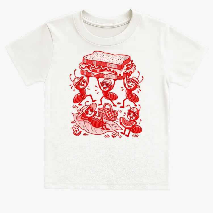 Ants Picnic with Sandwich and Basket-Kids T-Shirt-White