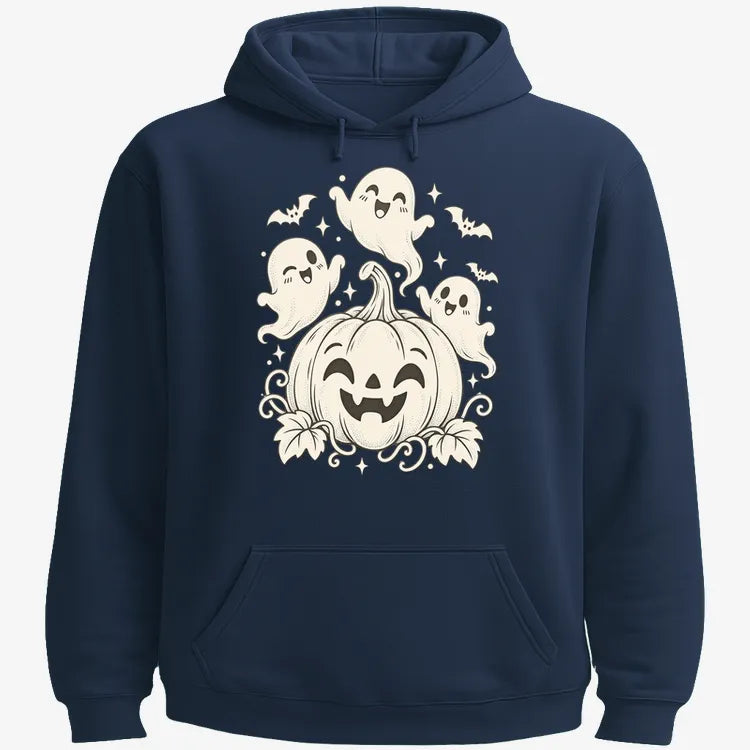 Happy Pumpkin and Ghosts-Hoodie-Navy Blue
