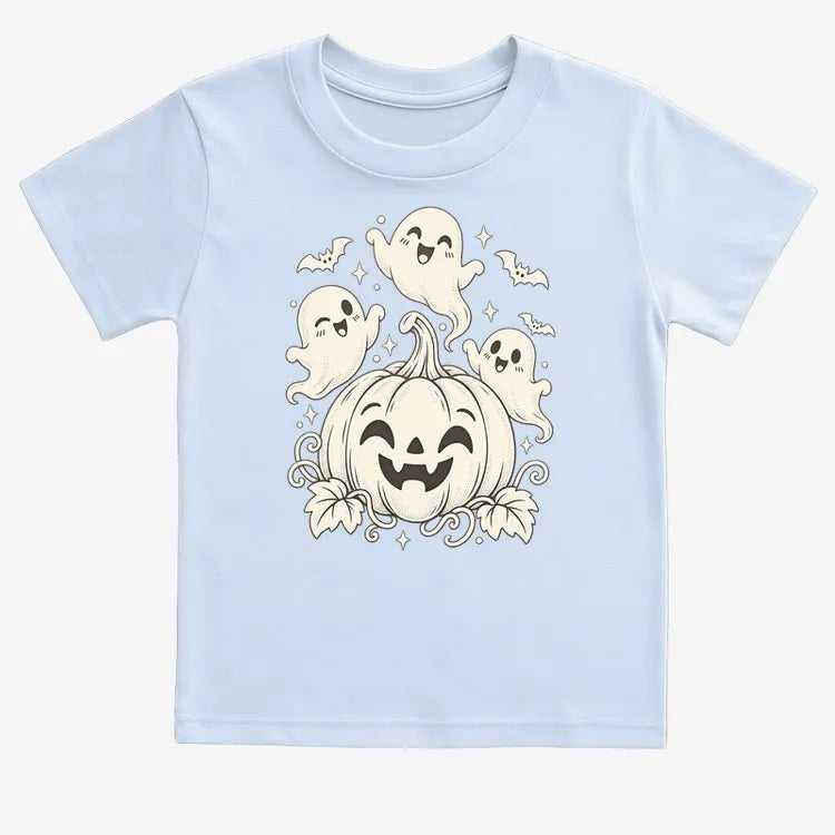 Happy Pumpkin and Ghosts-Kids T-Shirt-Blue