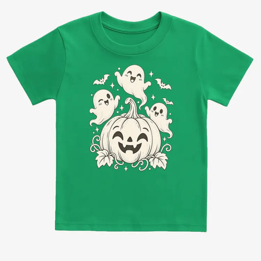Happy Pumpkin and Ghosts-Kids T-Shirt-Green