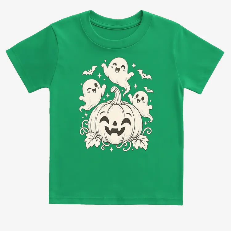 Happy Pumpkin and Ghosts-Kids T-Shirt-Green