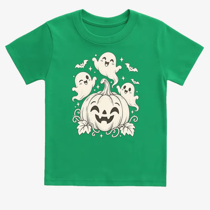 Happy Pumpkin and Ghosts-Kids T-Shirt-Green