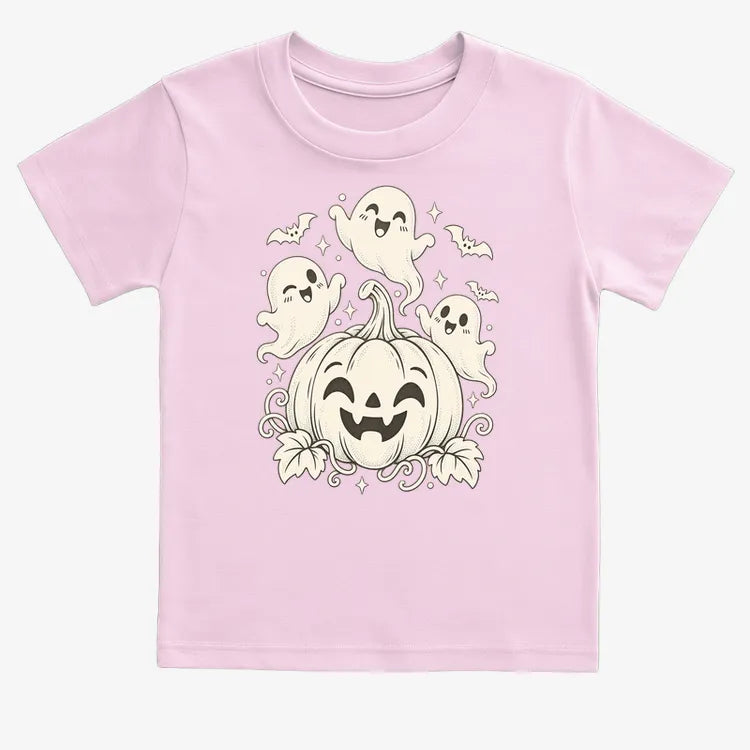 Happy Pumpkin and Ghosts-Kids T-Shirt-Pink