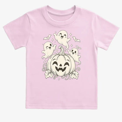 Happy Pumpkin and Ghosts-Kids T-Shirt-Pink
