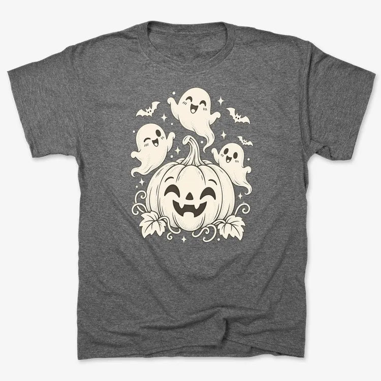 Happy Pumpkin and Ghosts-Unisex Heavyweight T-Shirt-Charcoal Heather
