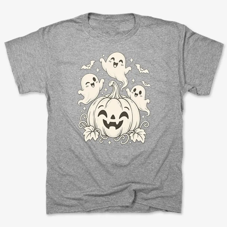 Happy Pumpkin and Ghosts-Unisex Heavyweight T-Shirt-Heather Gray