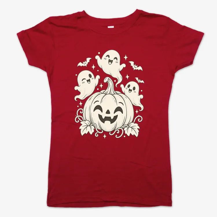Happy Pumpkin and Ghosts-Women's T-Shirt-Deep Red